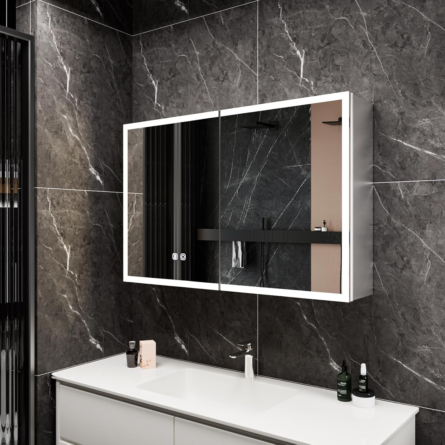 Spiegelschrank Bad mit Beleuchtung 80x60 – LED Badspiegel mit Ablage, Steckdose, Antibeschlag, Touch-Schalter – Wandmontage für modernes Badezimmer
