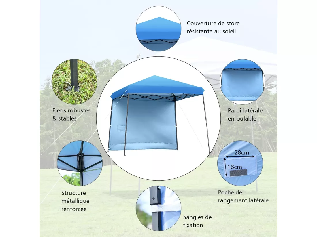 Tonnelle de Jardin 3x3m Pliable-Hauteur Réglable avec Parois Latérales Amovibles et Sac à Dos à roulettes- Auvent pour CamBoisg, Festival, Plage, Bleu