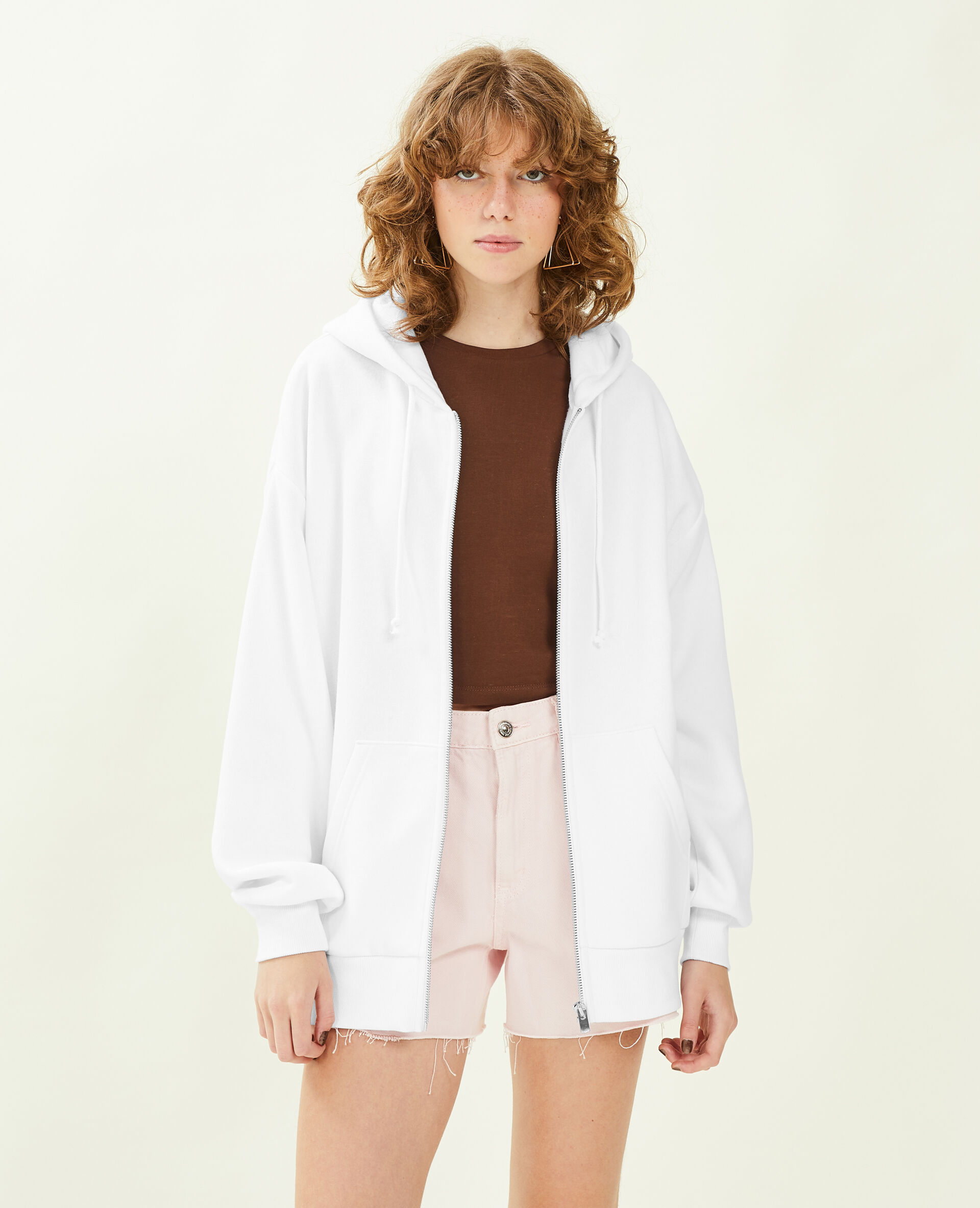 Sweat zippé oversize avec capuche - Blanc