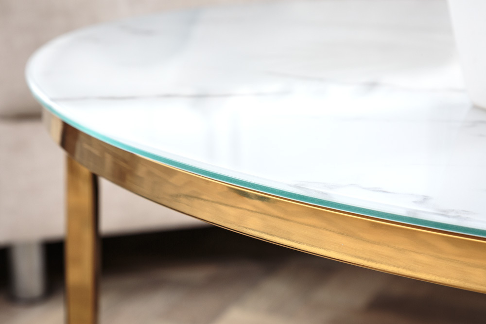 Eleganter Couchtisch BOUTIQUE 80cm weiß rund Kristallglas mit Marmor-Dekor goldenes Gestell