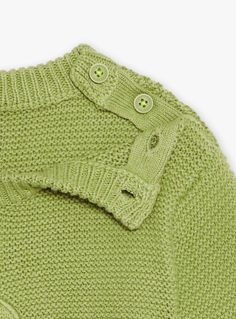 Pull kaki clair en tricot à broderie dinosaure