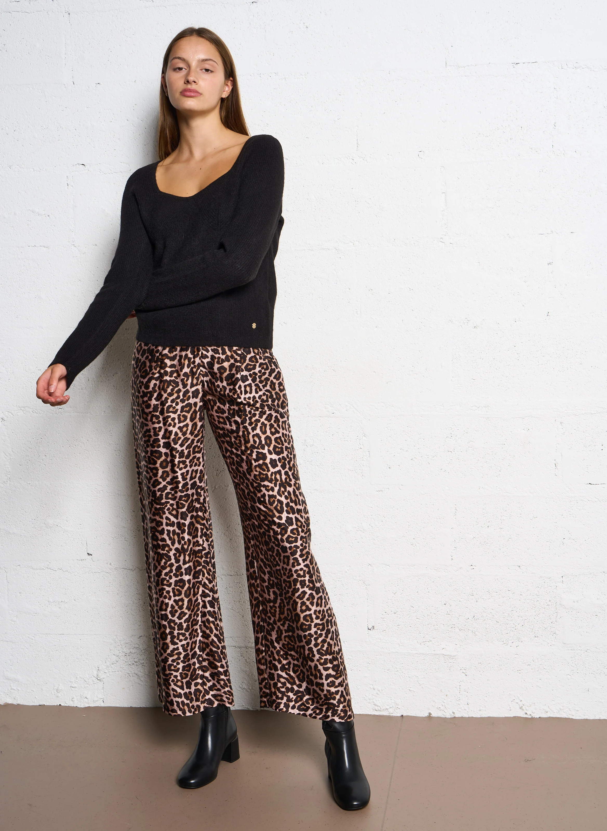 POLIA - Pantalon droit imprimé léopard | Marron