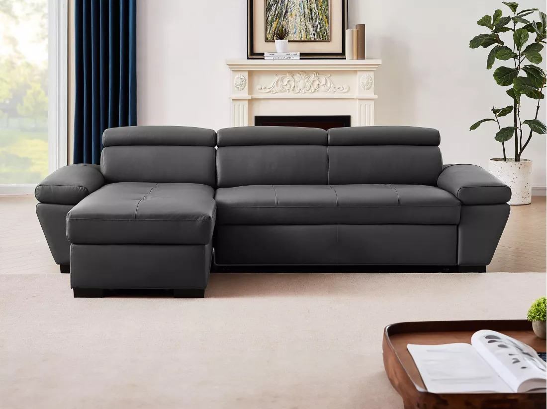 Canapé d'angle gauche convertible en cuir gris anthracite JONOVA