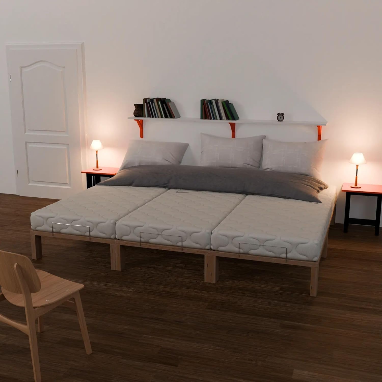 Überlänge 220 cm, Kiefer massiv Holzbett G56, naturbelassen, inkl. Lattenrost und Matratzenbügeln, Liegefläche 270x220 cm, Best. aus 3X 90 x 200 cm und 3 x Verlängerung auf 220cm