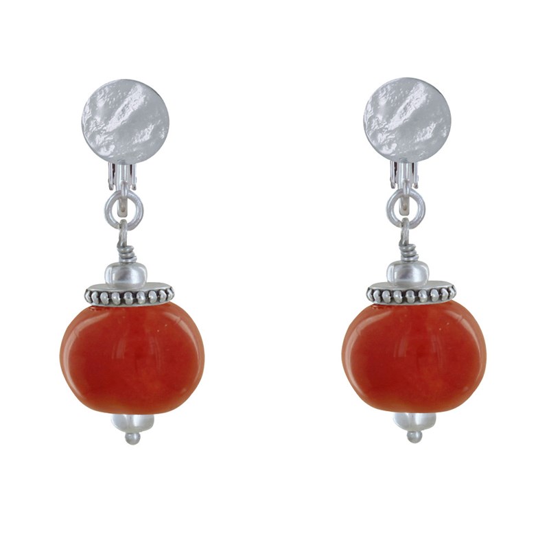 Boucles d'Oreilles Clip Métal Argenté et Grosses Perles en Céramique