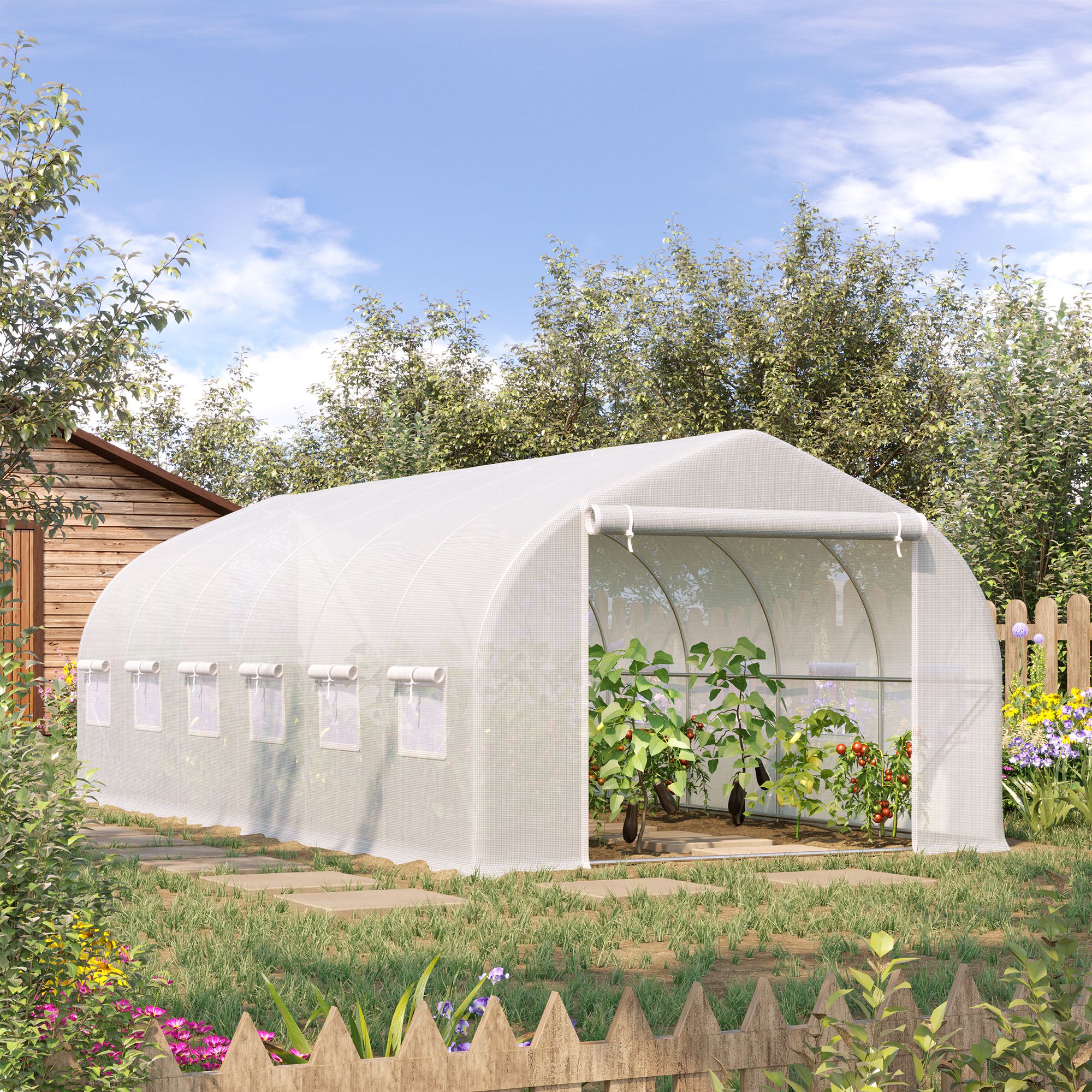 Estufa de jardim Outsunny, túnel de 6x3x2 m, com 12 janelas e porta de enrolar com zíper metálico, ideal para o cultivo de plantas (Branca).