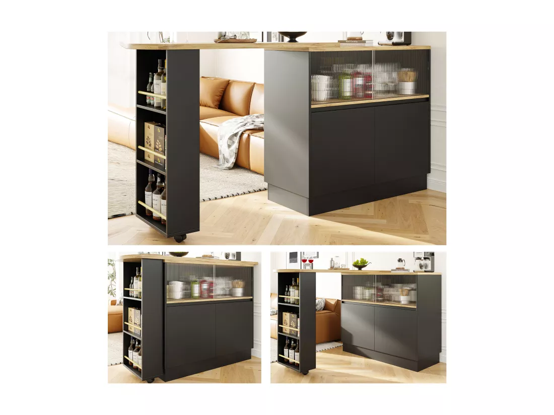 Meuble de bar pivotant - 4 portes et étagères de rangement - Bois MDF et verre - Noir + naturel