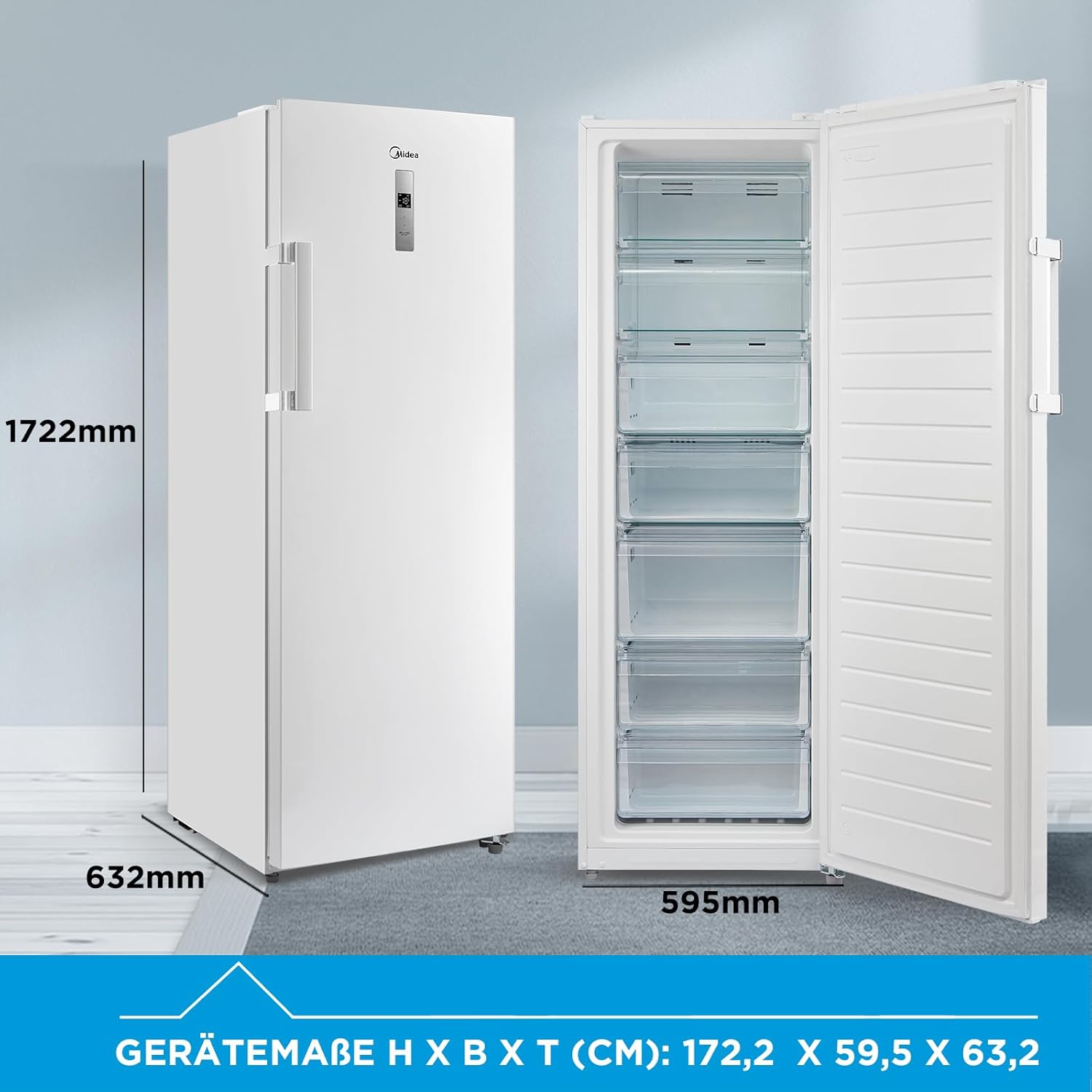Midea MDRU333FZE01 Gefrierschrank/Kühlschrank/172,2 cm hoch/NoFrost/Flexible Kühl- und Gefrierfunktion/Superkühl/238L/Große Fächer/Zero Clearance/Easy Open Handgriff/Wechselbarer Türanschlag/Weiß