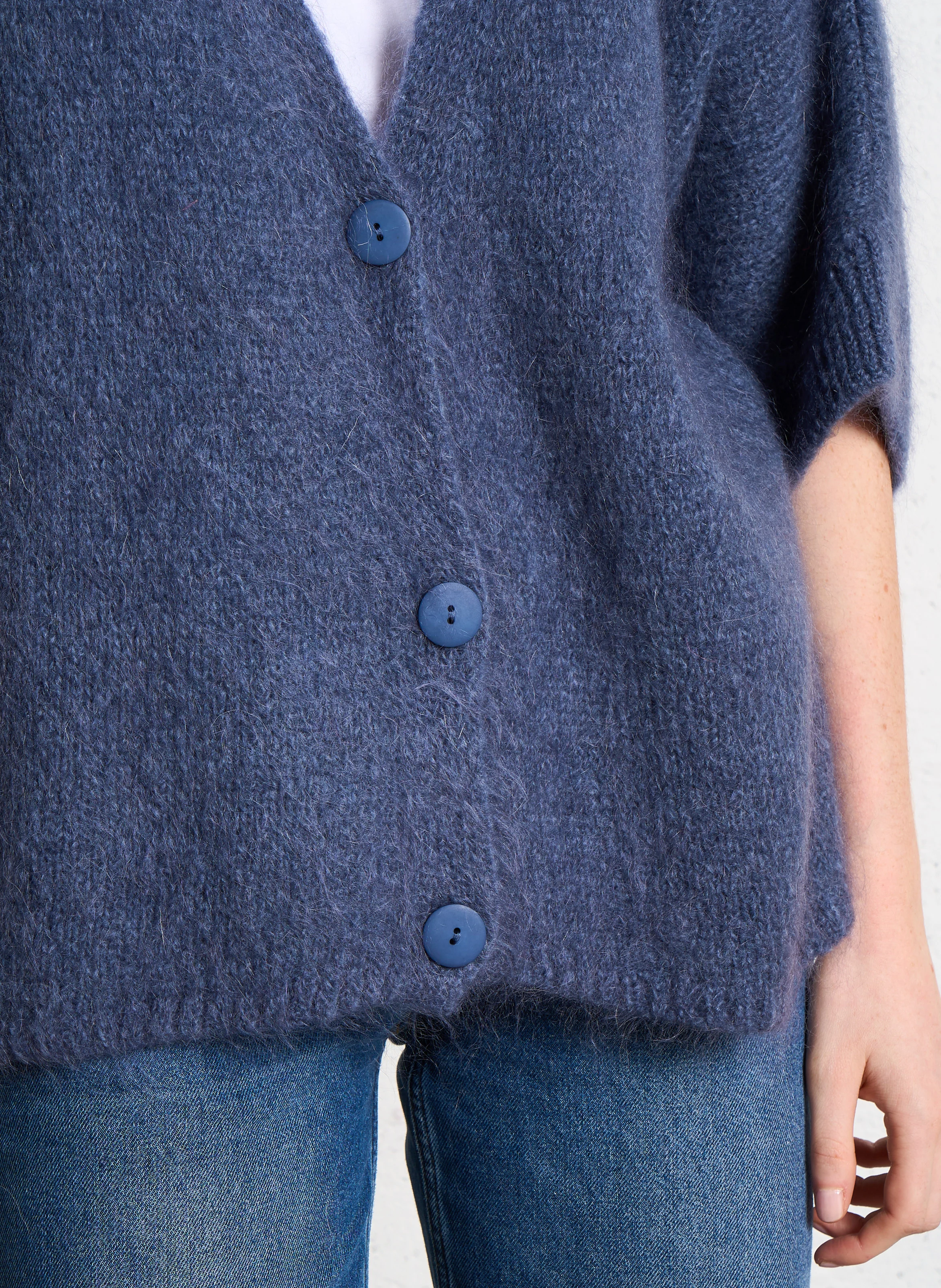 Gilet à col V ample en maille mélangée | Bleu