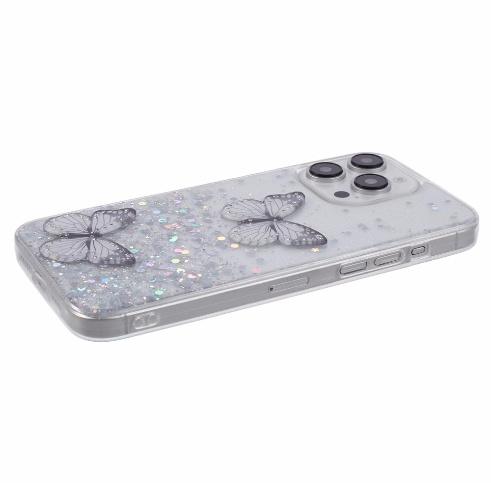 iPhone 16 Pro Max Hybrid Hardcase Schutzhülle im Glitzer Design Schmetterling - Silber / Transparent