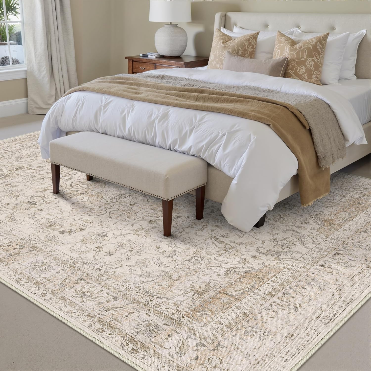 HUGEAR Waschbarer Beige Vintage Teppich Wohnzimmer 240x300cm Retro Rugs for Living Room Weich rutschfest Groß Tepich Kurzflor Schlafzimmer Carpet Living Room Bedroom Esszimmer Teppiche Büro