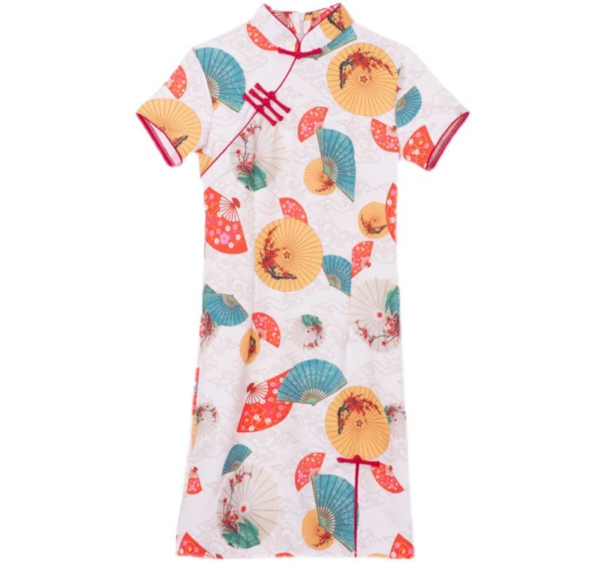 NoonSun - Koppel bijpassende korte mouwen waaier print mini qipao / shirt / effen rechte broek / set