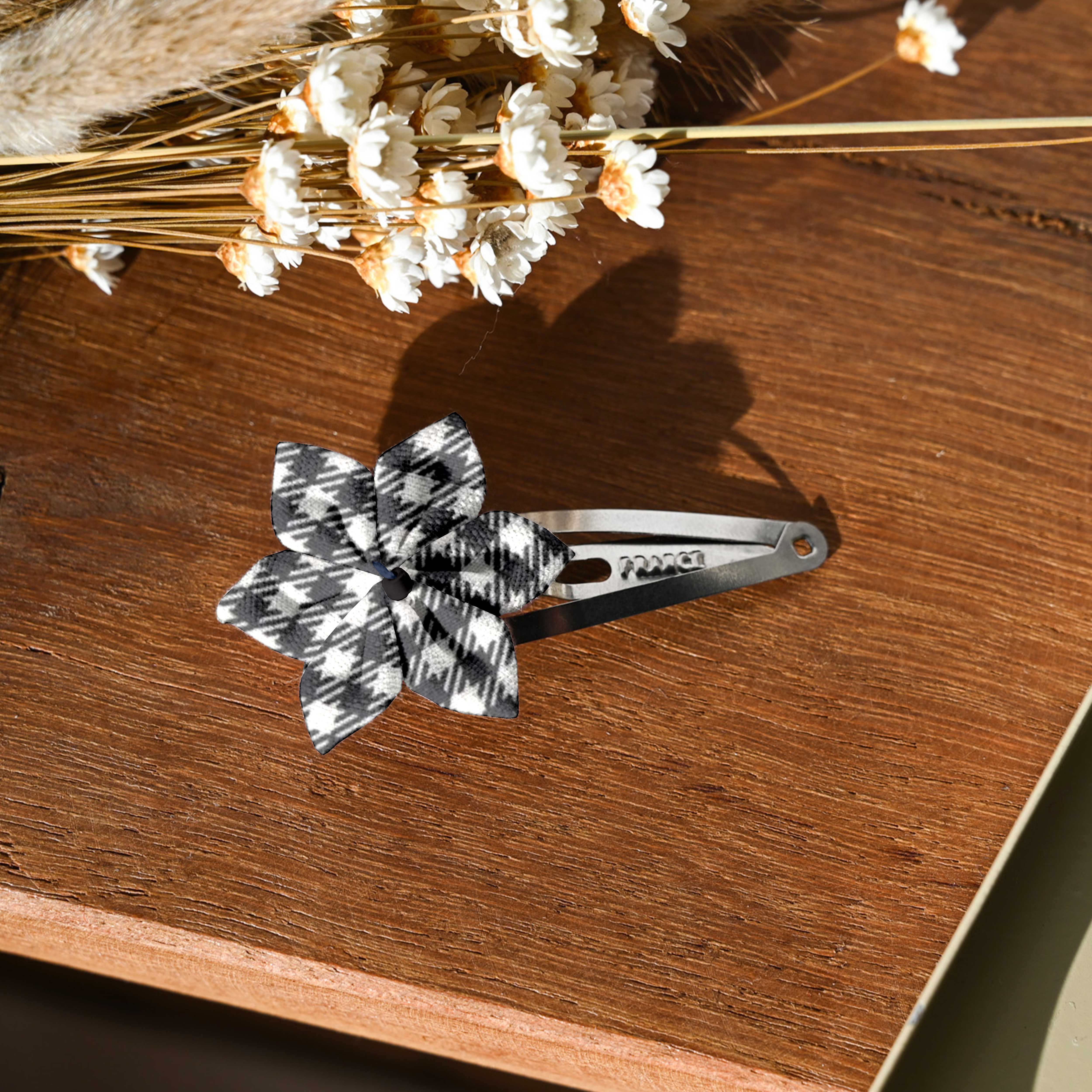 Barrette Clic-Clac Fleur Étoile Vichy Noir