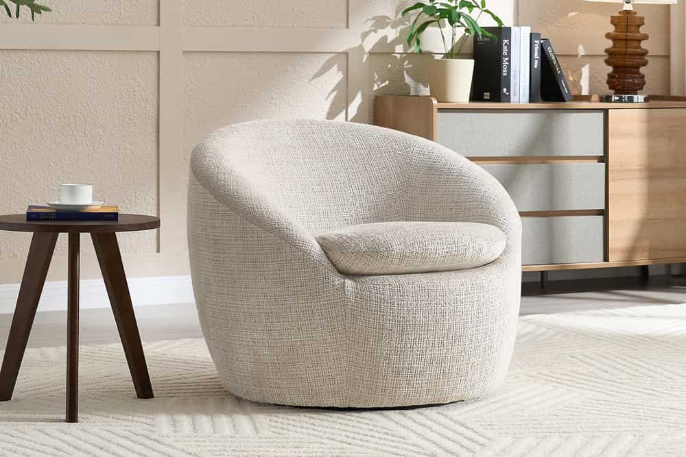 Drehbarer Design Sessel ALPINE beige Chenille Cremona 360° mit Armlehnen