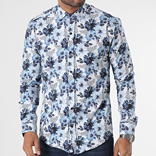 Chemise Manches Longues Blanc Bleu Clair Floral