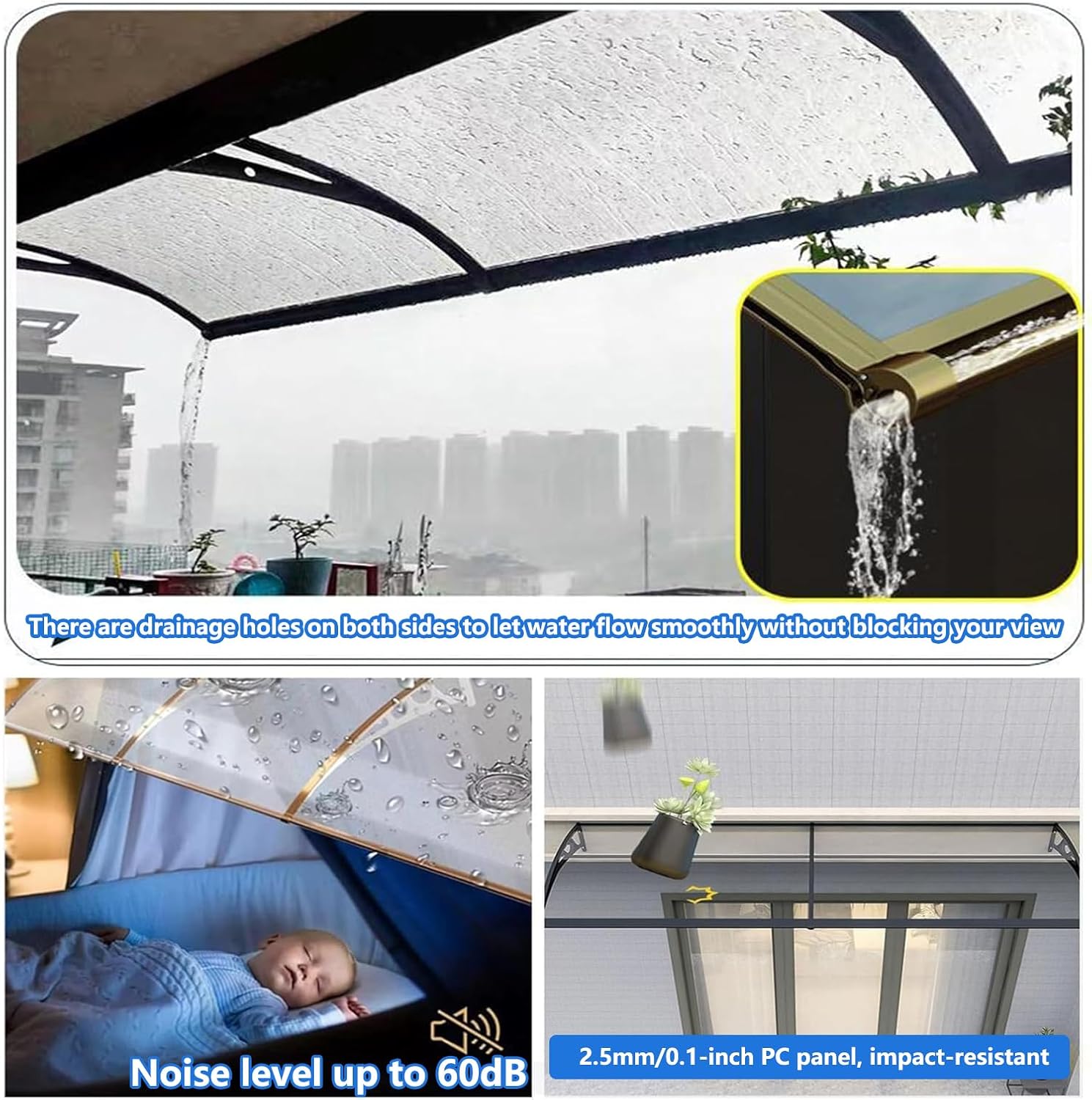 Vordach Haustür Überdachung, Modernes Design Haustürvordach Pultvordach, Polycarbonat Türvordach für draußen Regenschutz UV-Schutz vor Regen und Schnee - 60x140cm