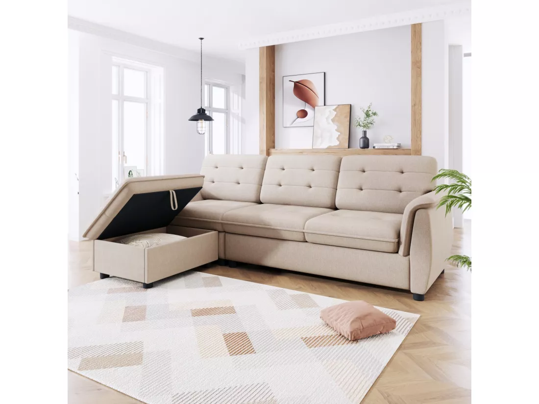 Canapé d'angle réversible, avec repose-pied rangement et accoudoirs, 239x139x84cm, Beige