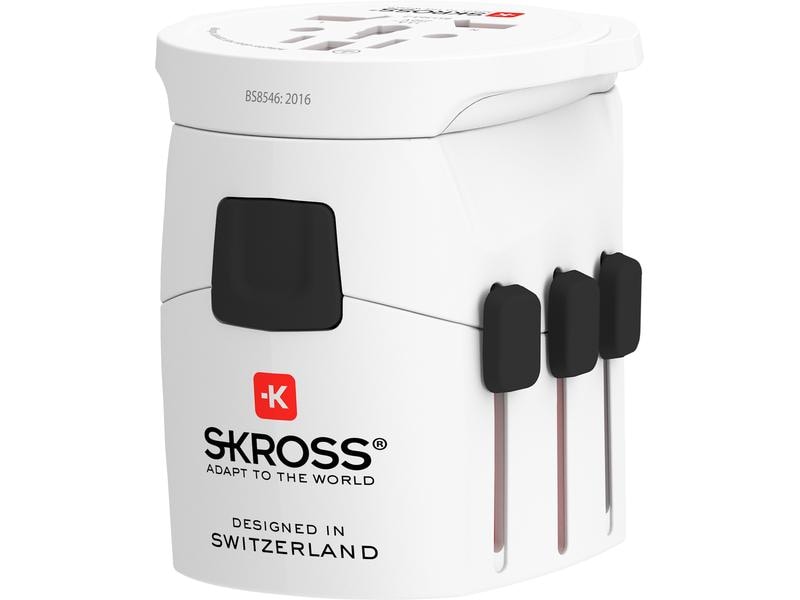 SKROSS Weltreiseadapter PRO Light World Kompakter Reisestecker mit Muli-Länder Aufsatz, weiss