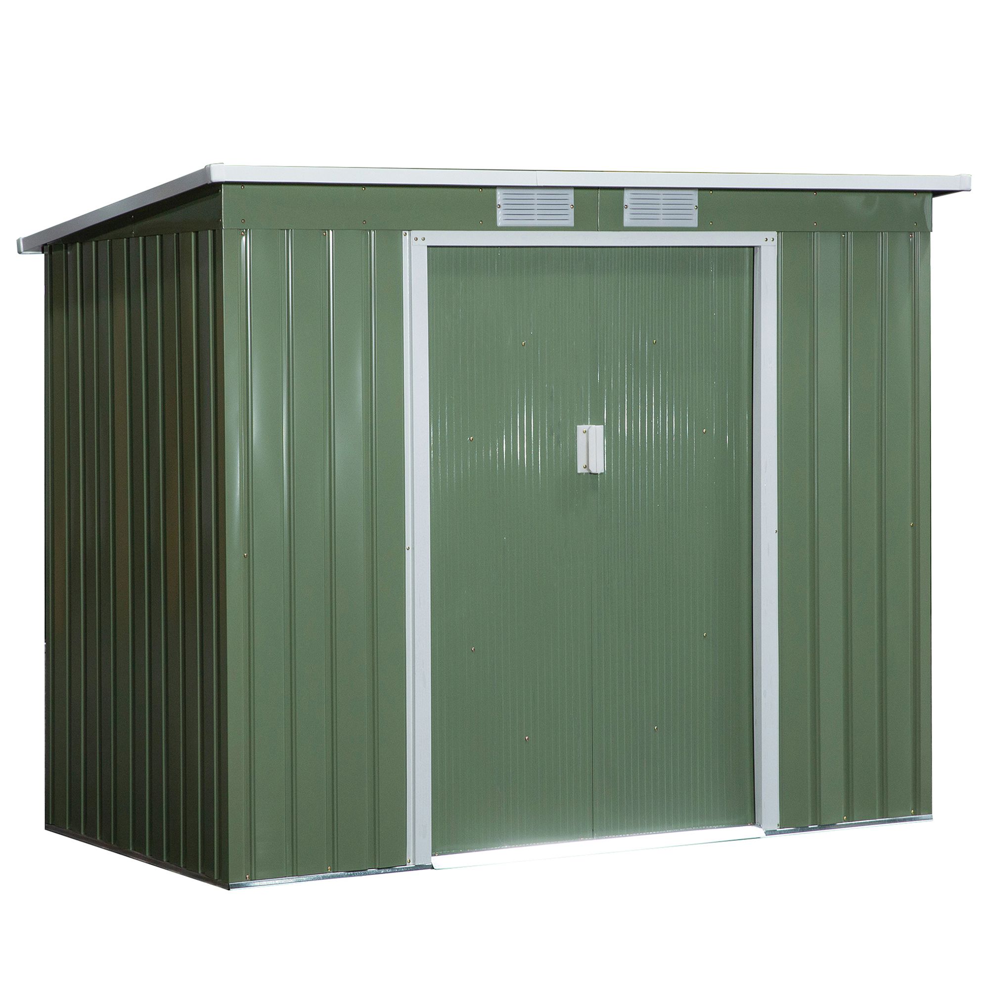 Casinha de Jardim Outsunny 213x130x172 cm com Base de 2,42 m², em Metal, para Armazenamento de Ferramentas Externas, com 2 Portas Deslizantes e 2 Janelas, Verde