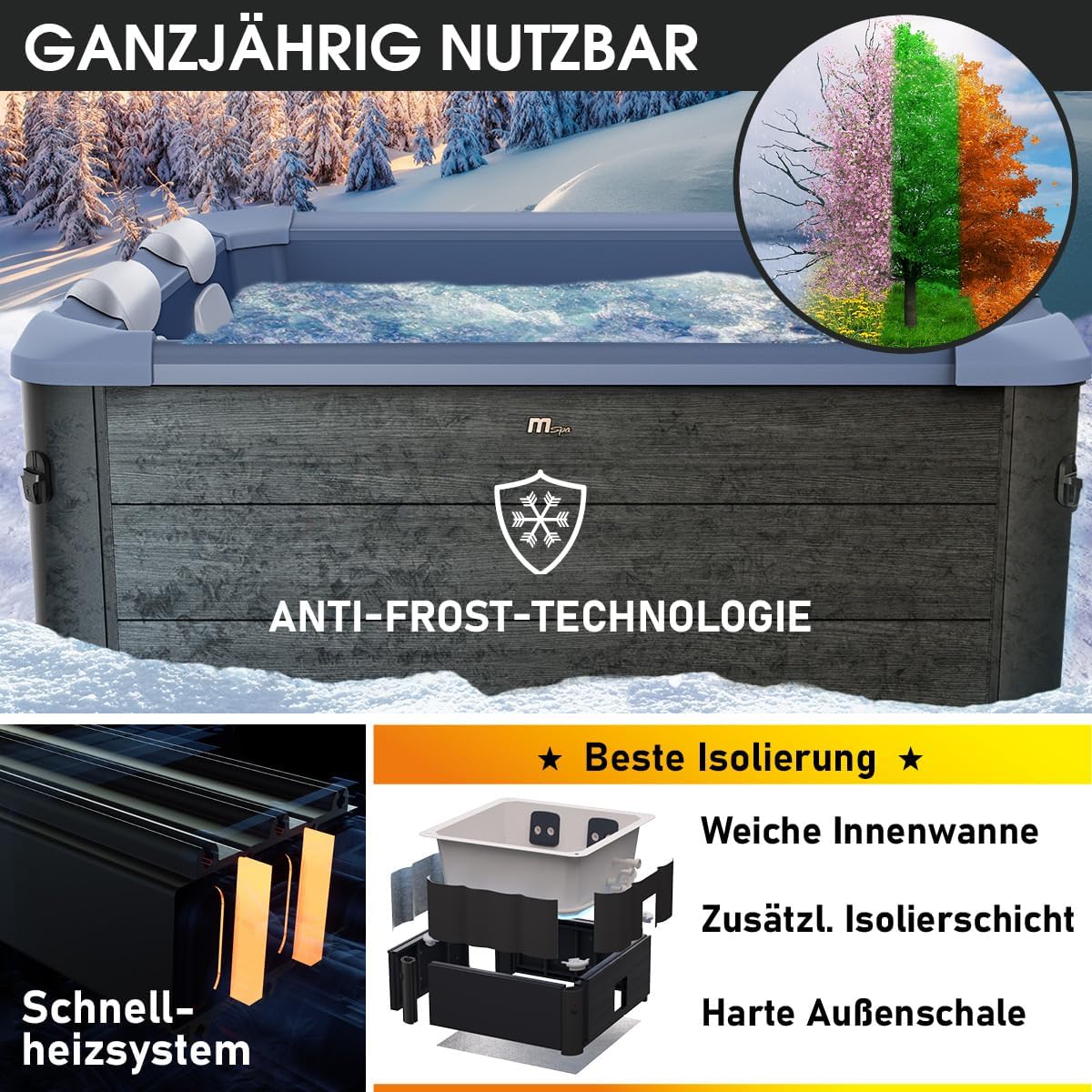 BRAST Whirlpool MSpa Oslo Sapphire mit Fester Außenwand | LED-Beleuchtung in 20 Farben für 6 Personen | 160x160x65cm | 120 Massagedüsen | Ganzjähriger Einsatz Winterfest | In & Outdoor Pool