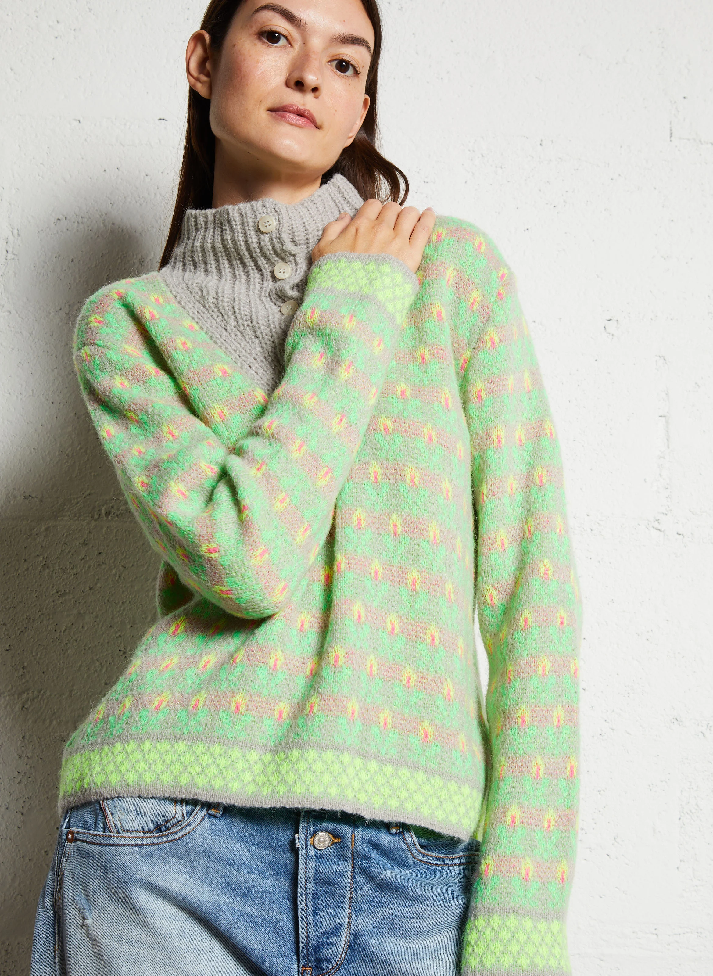 VOLTERETA - Pull col montant boutonné jacquard | Multicolore