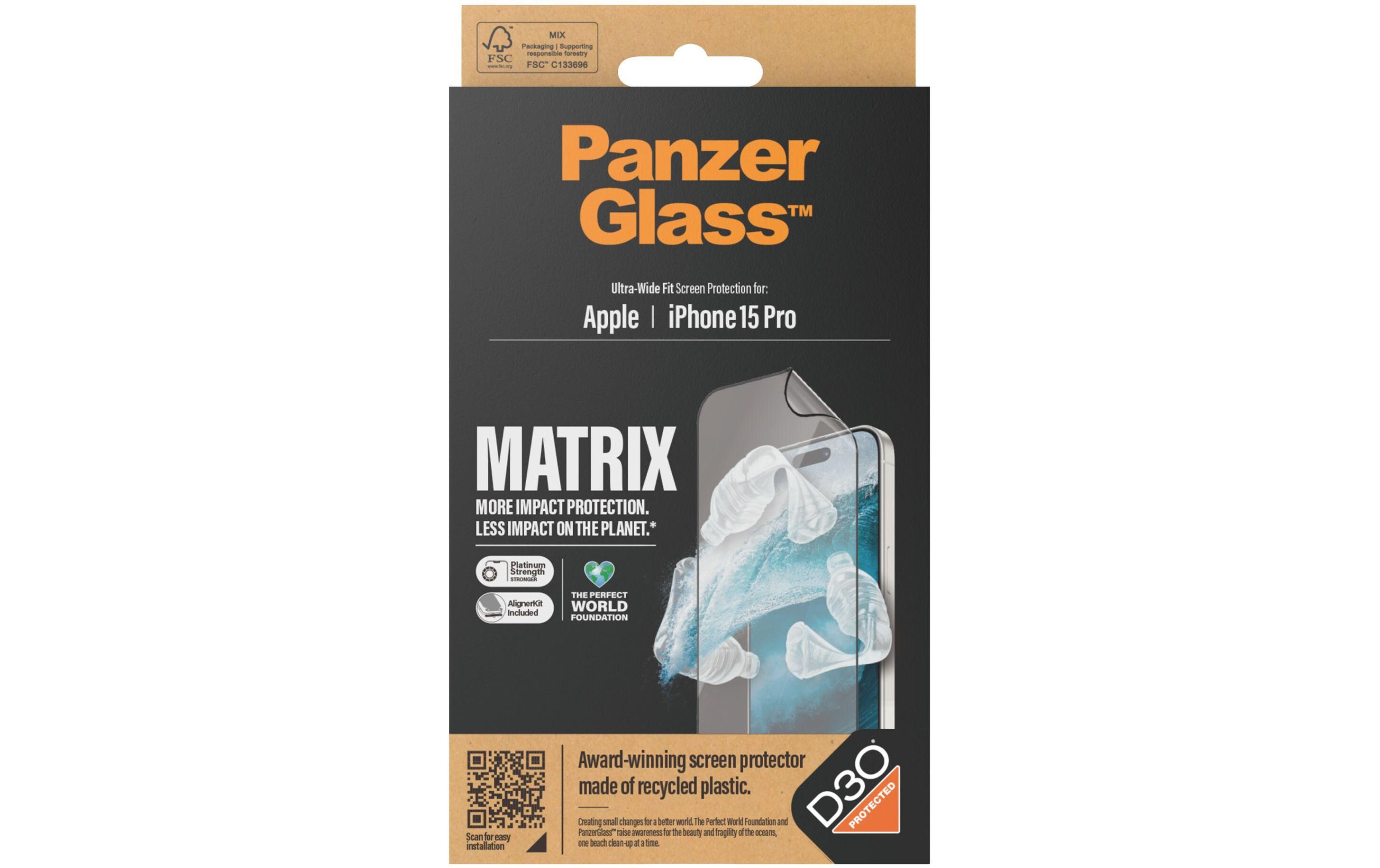 Displayschutz Matrix iPhone 15 ProDisplayschutzfolie mit Applicator und D30 (Rec. PET) für das Apple iPhone 15 Pro