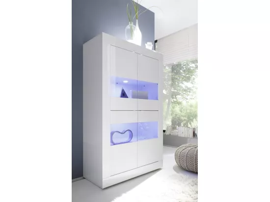 Vitrine à LED 4 portes bois laqué blanc brillant Assic