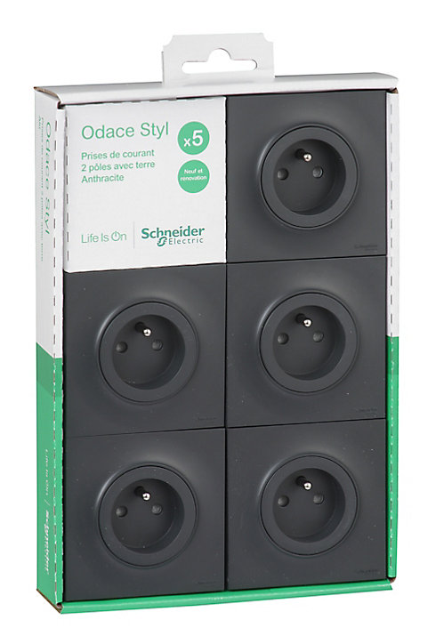 Prise avec terre complète Schneider Electric Odace anthracite, lot de 5