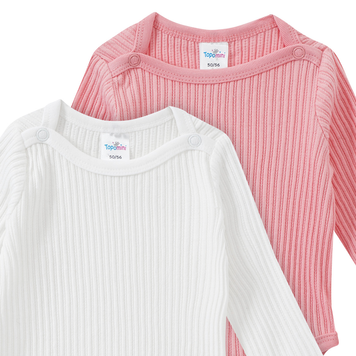 Topomini 2 Baby Langarmbodys mit Rippstruktur weiss / rosa