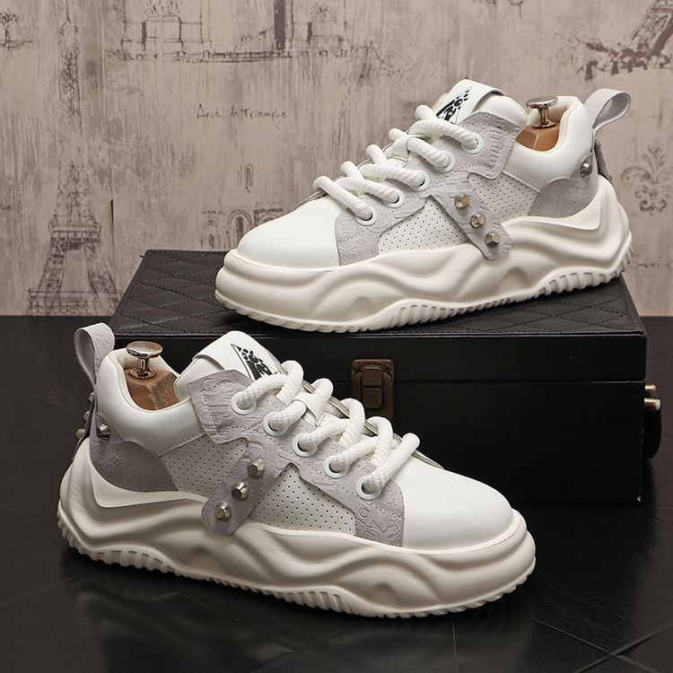 Mr Ozera - Platform Plain Studded Faux Leather Lace-Up Sneakers