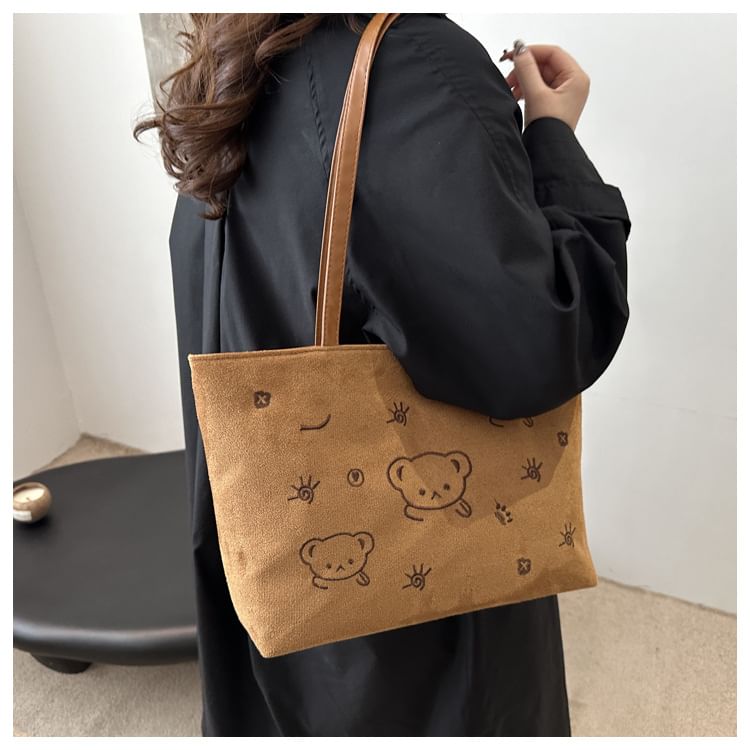 Kleevelind - Tote Bag van imitatiesuède met beerborduursel
