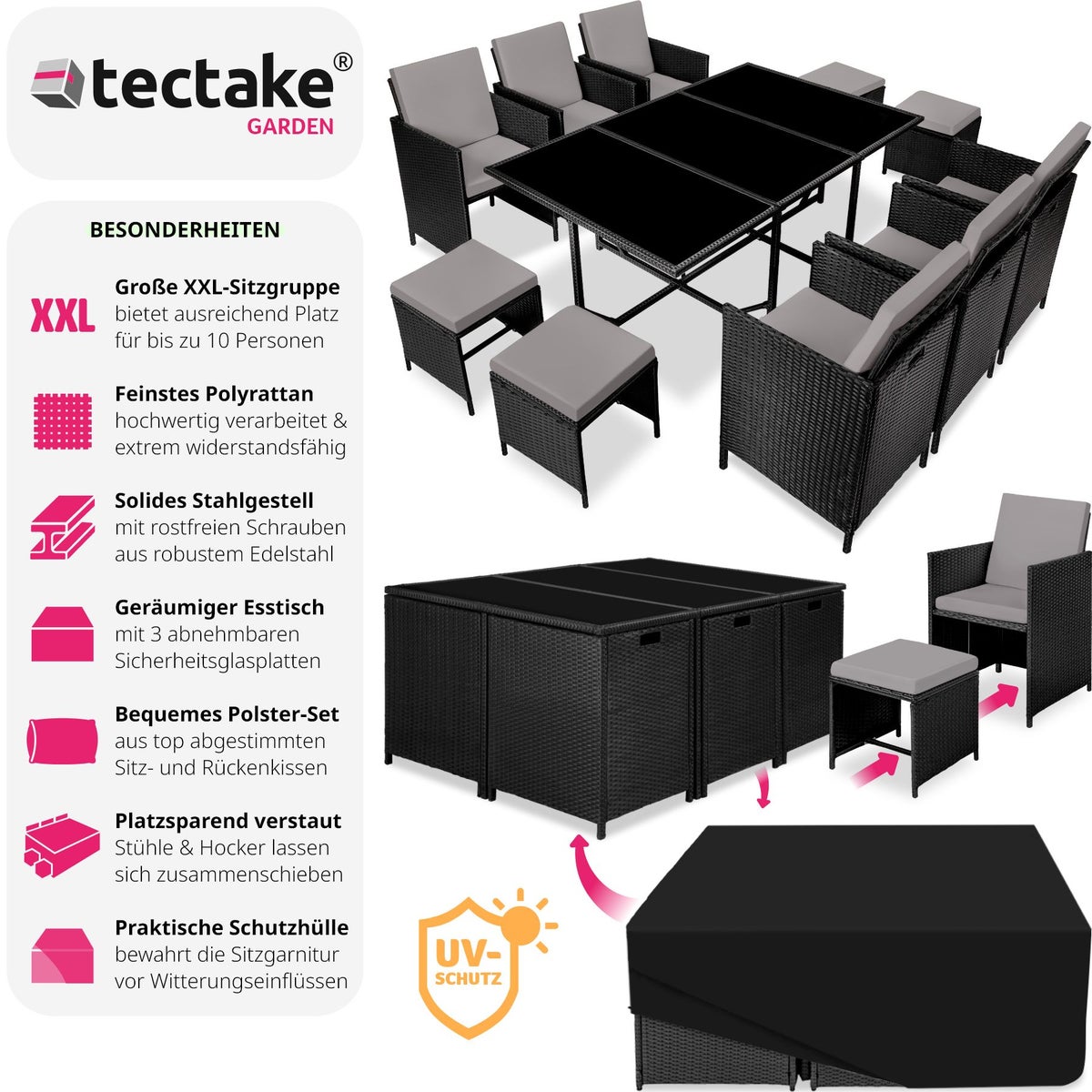 tectake Malaga rotan zitgroep voor 6 tot 10 personen, inklapbaar, inclusief beschermhoes