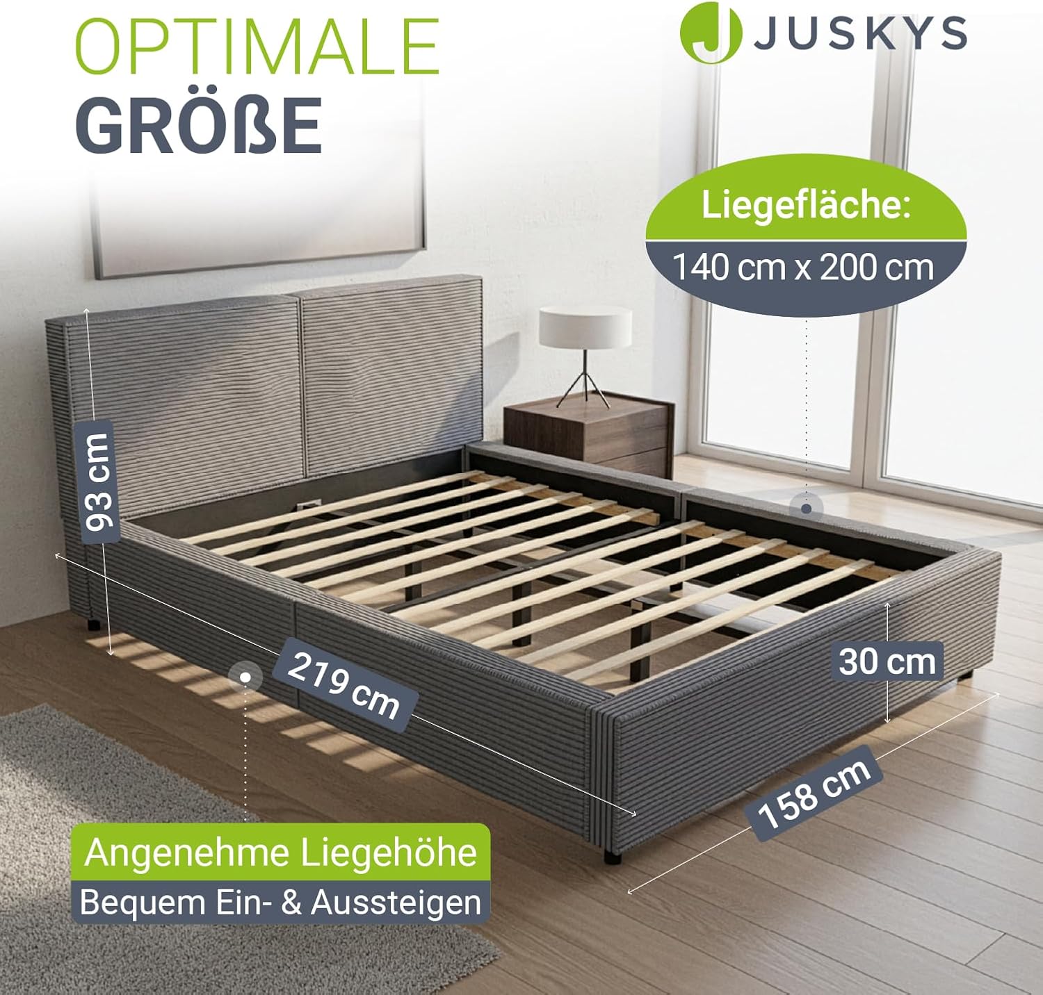 Juskys Polsterbett Salerno 140 x 200 cm – Cord Grau, modernes Bett mit Kopf- & Fußteil, stabilem Holz- & Metallrahmen, Lattenrost, 500 kg Tragkraft