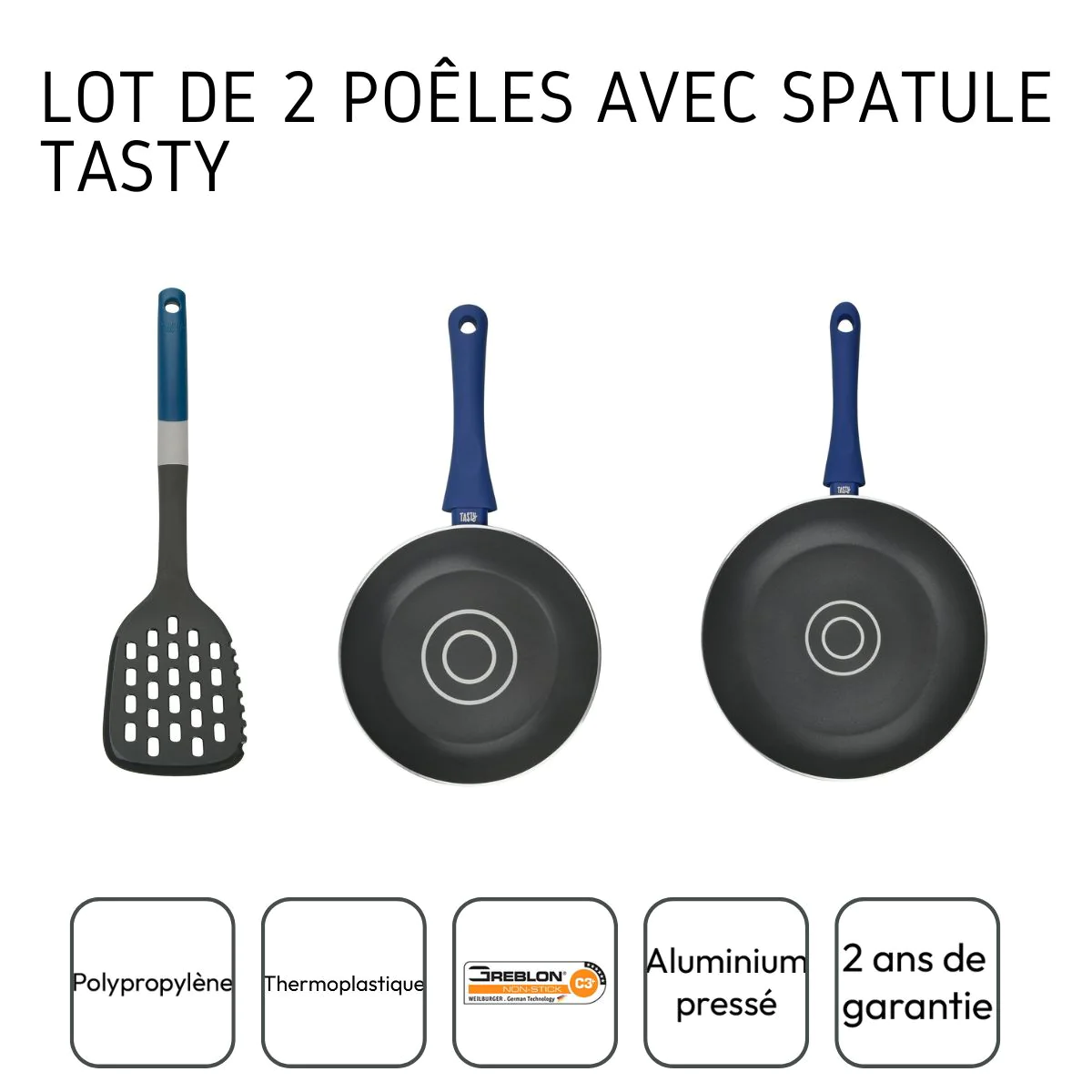 Ensemble 2 poêles à frire avec doseur d'huile et 1 spatule 2 en 1 Tast