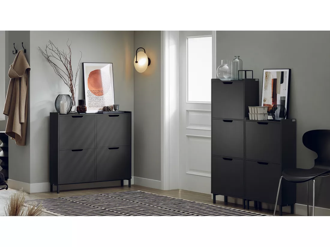 SoBuy Meuble à Chaussures Meuble de Rangement à Chaussures avec 2 Abattants Armoire à Chaussures Commode à Chaussures Meuble d'Entrée Rangement pour Chaussures – Noir, 50x19x90 cm, FSR151-SCH