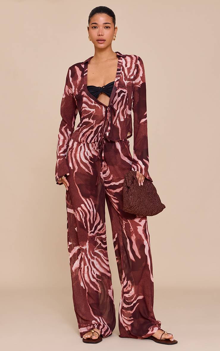 Marron Chemise En Mousseline À Imprimé Abstrait Avec Manches Longues Et Nœud Devant