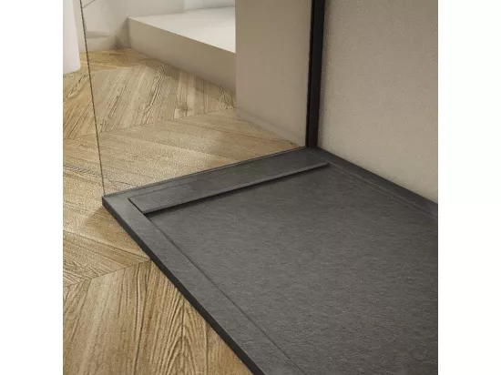Receveur de douche 90x100cm extra plat RIBERA en résine surface ardoisée anthracite Grille anthracite