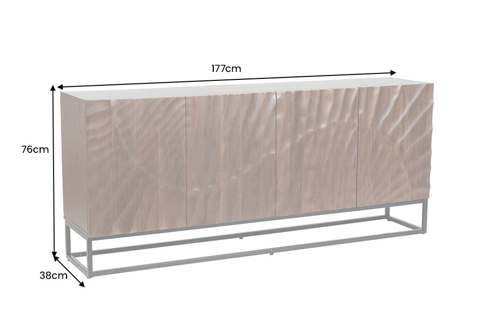 Massives Sideboard SCORPION 180cm dunkelbraun Akazie mit 3D Schnitzereien schwarz Metall
