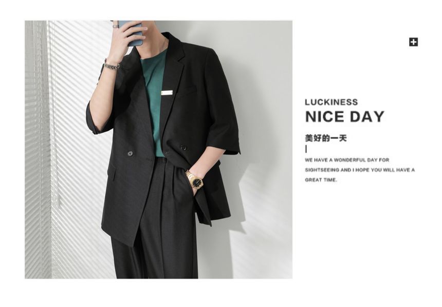 Naideth - Set: Reverskraag Effen Dubbelrijs Blazer + Middelhoge Rechte Broek