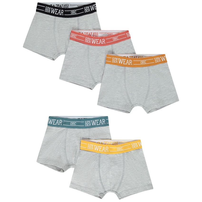 Lot de 5 boxers unis avec élastiques colorés pour garçon - Gris chiné
