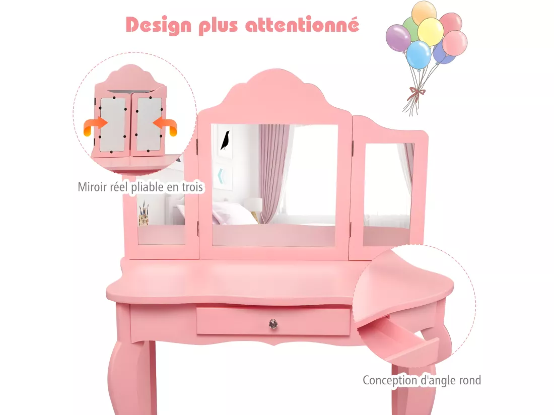 Coiffeuse Enfant Rose avec Tabouret, Table de Maquillage avec Miroir à Trois Panneaux et Tiroir, 70 x 34 x 103 CM, Rose