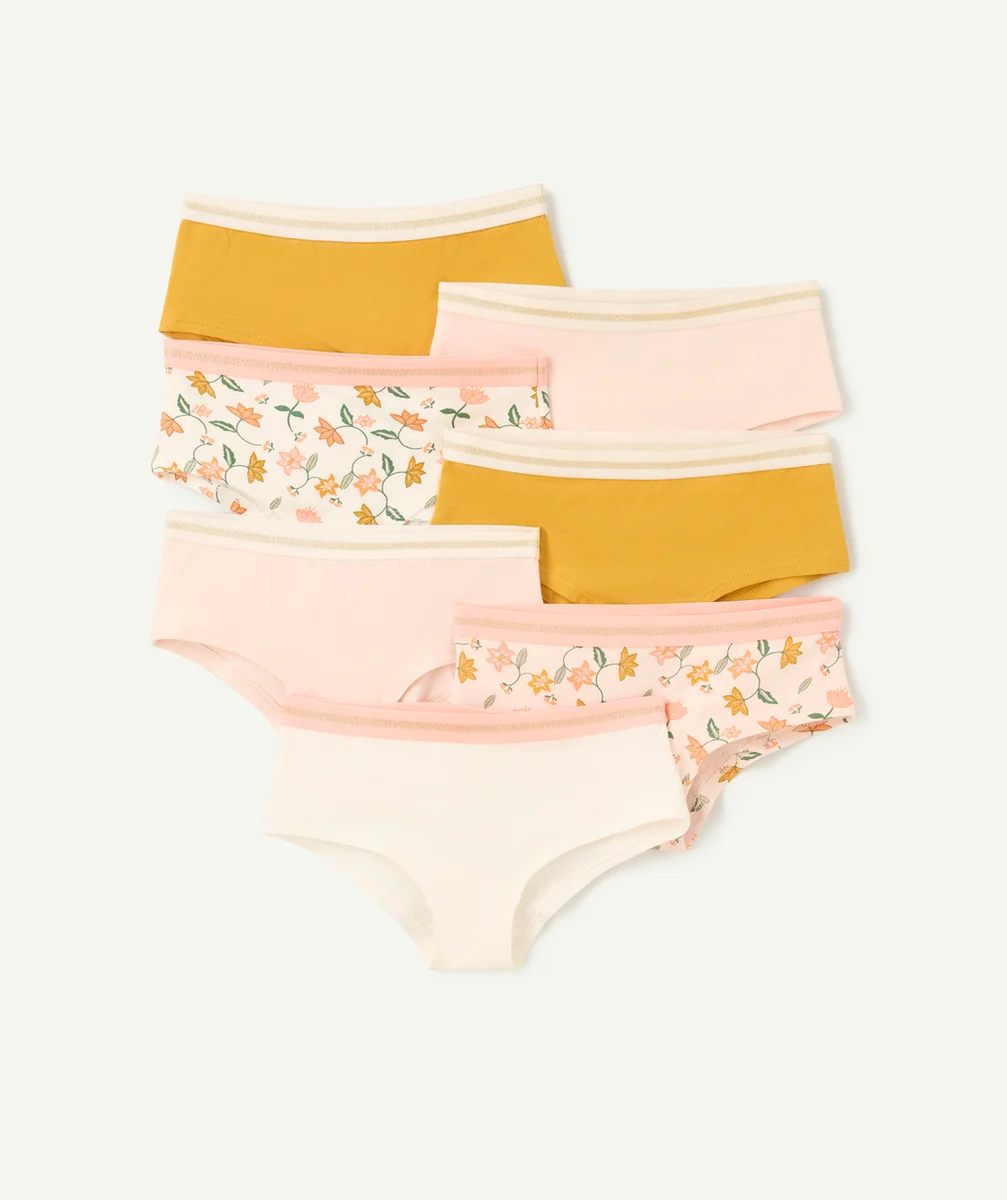 lot de 7 shorties fille en coton bio jaune blanc et rose imprimé à fleurs