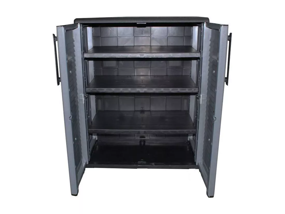 Armoire d'extérieur Bilzen, Mobilier d'extérieur, Armoire de balcon polyvalente, 100% Made in Italy, Gris et Noir, Finition rayée, 68x37h84 cm