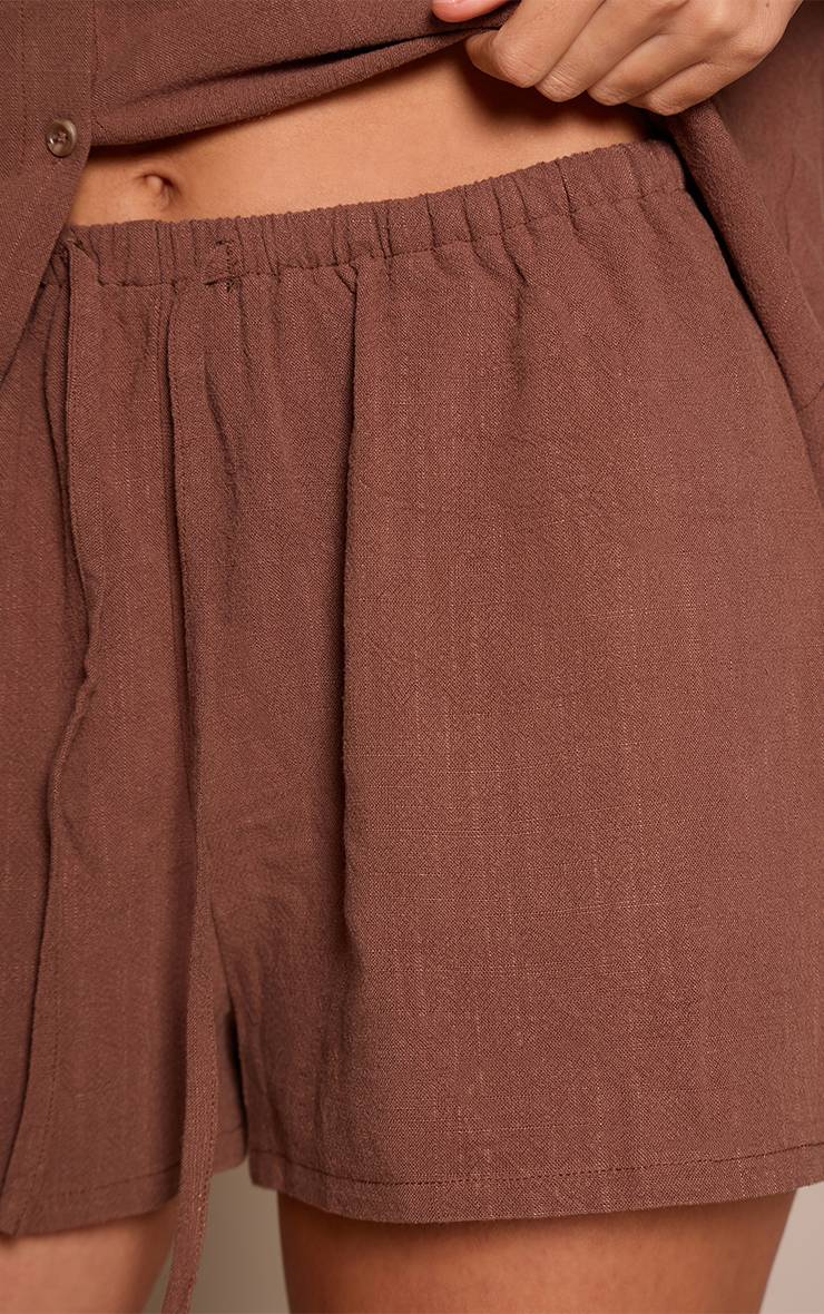 Marron Foncé Ensemble Coordonné Short En Lin Avec Taille Élastiquée