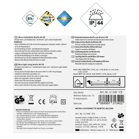 Idena Lichterkette NewTec, 80 Micro LED ww 8h Timer