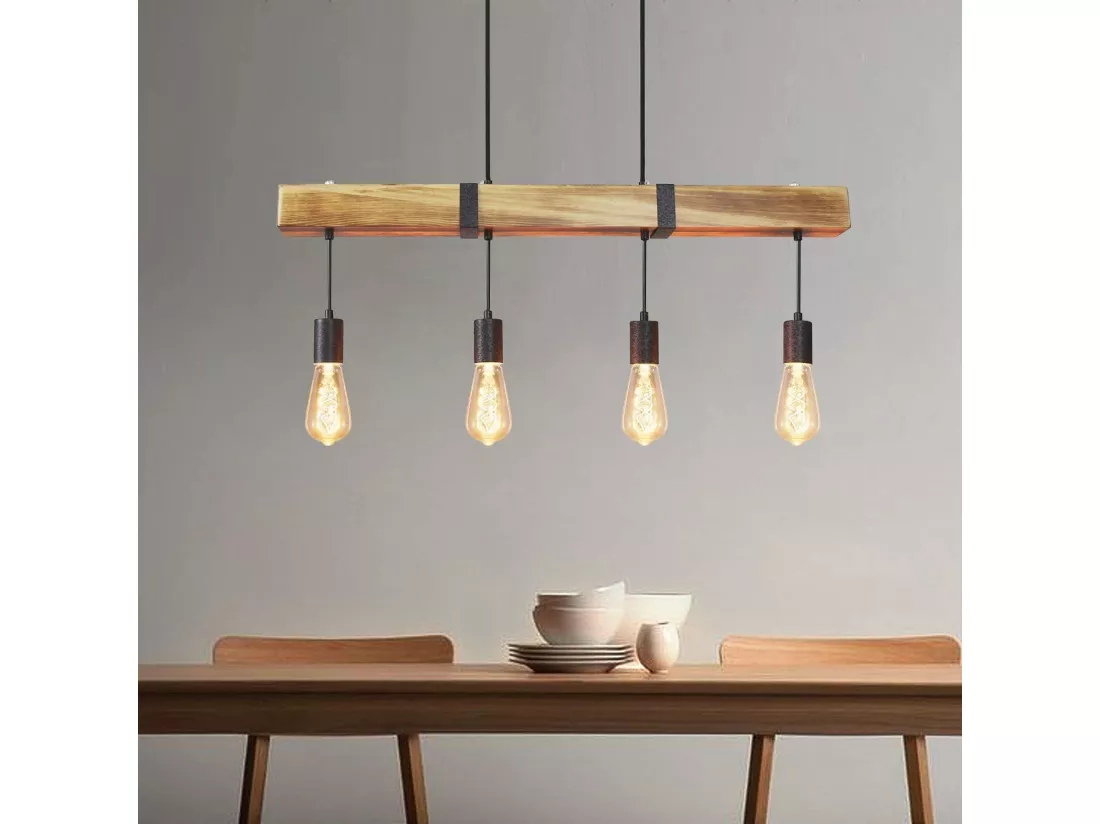 NETTLIFE Suspension 4 ampoules E27 Diam.80cm rétro avec poutre en bois Vintage pour salle à manger cuisine max.25W