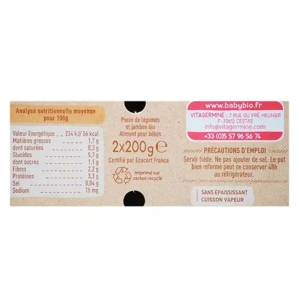 Lancheira Babybio Orgânica de Batata, Ervilha e Presunto +8 meses 2 x 200g