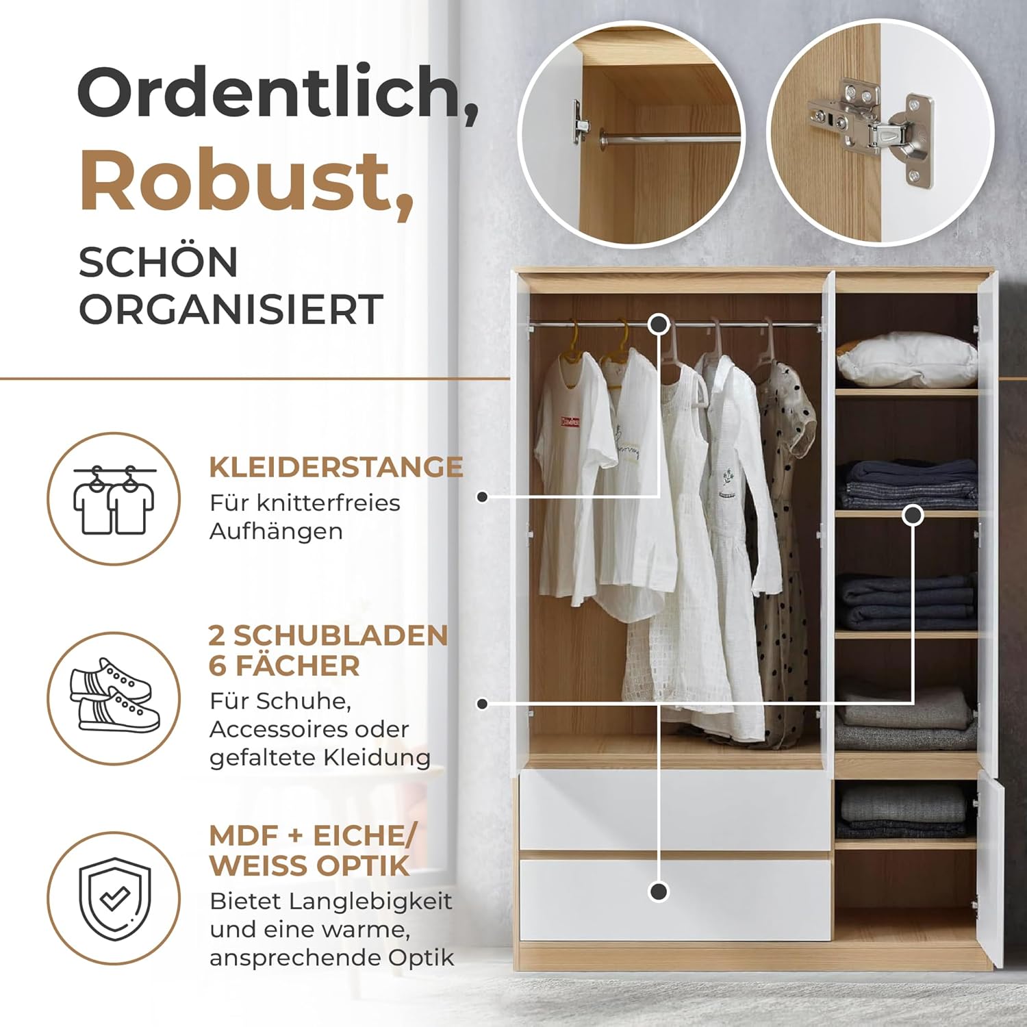 [en.casa] Kleiderschrank Bastheim Schrank mit 4 Türen Garderobenschrank 176 x 120 x 52 cm Schlafzimmerschrank mit 1 Kleiderstange 6 Fächern und 2 Schubladen Eicheoptik/Weiß