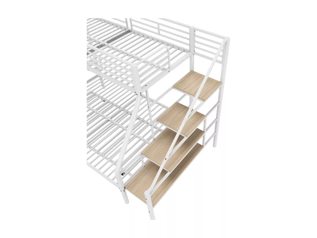 Lit superposé 90x200cm & 140x200cm - avec lit gigogne 90x190cm - cadre en fer - Blanc