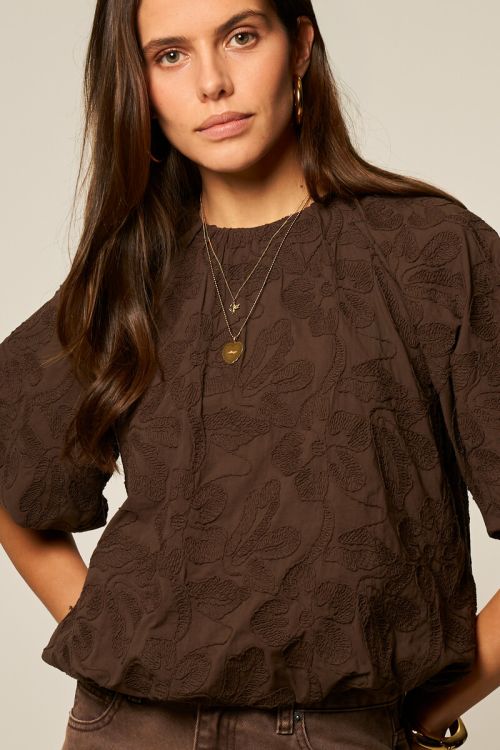 Bruine ballon top met embroidery